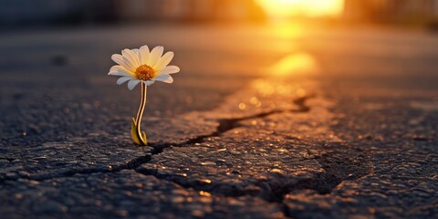 Daisy flower on the cracked asphalt road at sunset. Nature background - obrazy, fototapety, plakaty