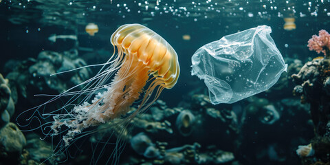 Jellyfish swimming in the ocean with single-use plastic bag. Concept of environmental pollution - obrazy, fototapety, plakaty