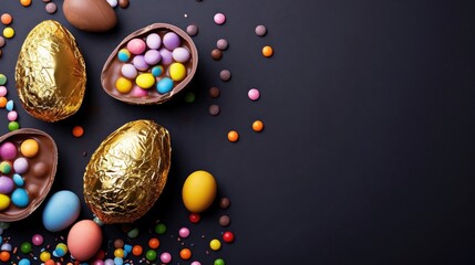 Luxury Easter feast with chocolate eggs and a golden wrapped egg, set against a dark, textured...