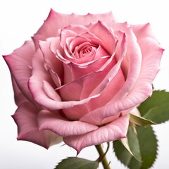 Cut single Pink rose in full bloom against a white background