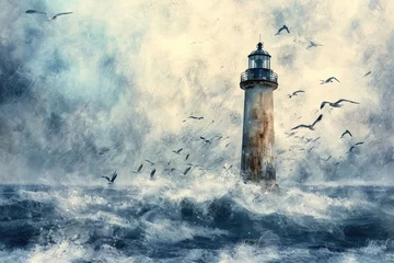  A painting of a lighthouse with seagulls flying around it. Perfect for coastal-themed designs and artwork © Fotograf