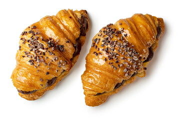 Two chocolate croissants on white background