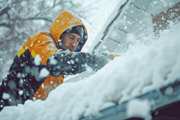 A man clearing snow from the roof of a car. Useful for winter maintenance or snow removal concepts
