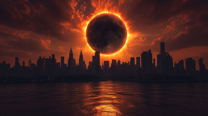 Solar eclipse over city with a dramatic golden glow reflecting on calm waters.