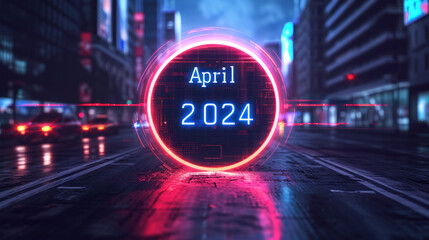 A city street under the glow of a neon eclipse with 'April 2024' in bright neon lights.