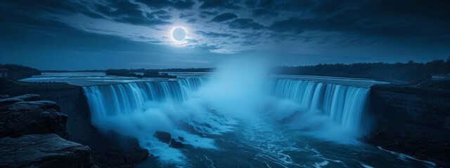 Eerie solar eclipse above a roaring waterfall at night, with a moonlit mist adding to the mystical ambiance.