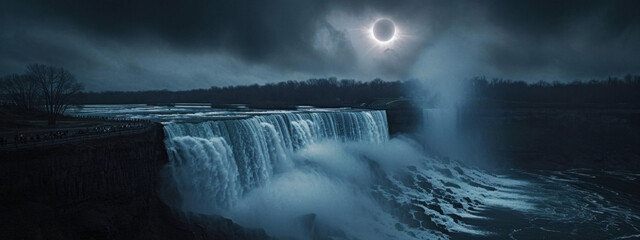 Solar eclipse over a cascading waterfall at night, illuminating misty waters.