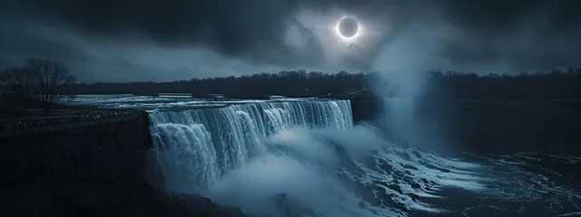 Solar eclipse over a cascading waterfall at night, illuminating misty waters. © Liana