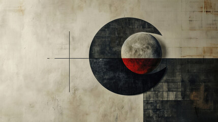 Abstract solar eclipse art with geometric overlay on a textured beige background.