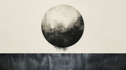 Monochrome artistic representation of a solar eclipse, with abstract detailing and a stark horizon.