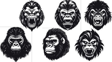 Set of gorilla heads. great set collection clip art Silhouette , Black vector illustration on white background.