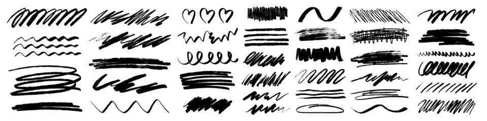 Charcoal pencil scribble stripes and bold paint shapes. Childrens crayon or marker doodle rouge handdrawn scratches. Vector illustration of squiggles in marker sketch style - obrazy, fototapety, plakaty