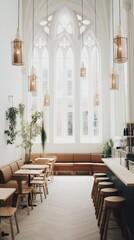 Fototapeta na wymiar Rustic Cafe Interior With Large Windows
