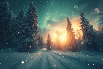 Nothern lights winter forest landscape