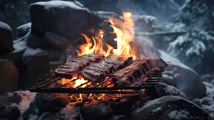Pieces of meat are fried on a grill in a mountainous area