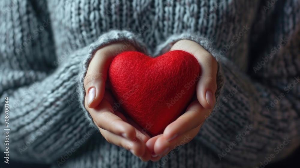 Poster a person holding a red heart in their hands. suitable for various occasions and themes