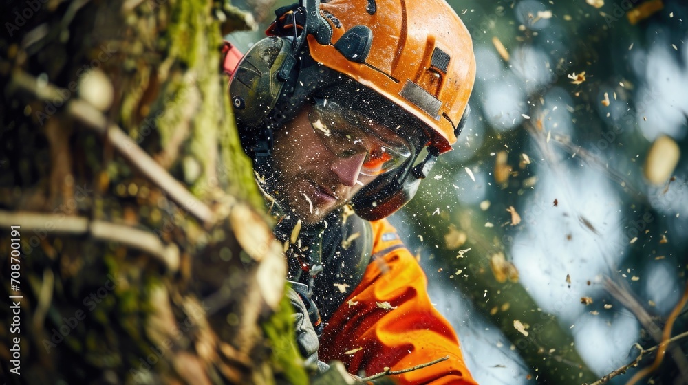 Poster a man in an orange jacket is cutting a tree with a chainsaw. this image can be used to depict tree c