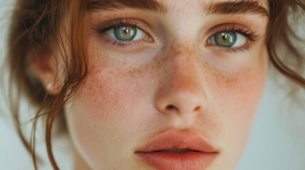 A close-up view of a woman's face with beautiful freckles. This image can be used to showcase natural beauty or for skincare and makeup advertisements