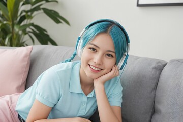 A smiling teenage girl, wearing headphones, engages in online learning, showcasing the concept of studying in a virtual classroom while participating in an online class through webcam