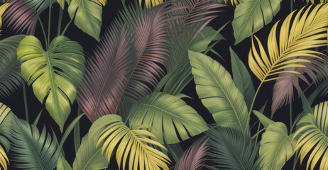  Tropical luxury exotic seamless pattern. Pastel colorful banana leaves, palm. Hand-drawn vintage 3D illustration. Dark glamorous background design. Good for wallpapers, tapestry,cloth, fabric