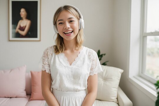 A smiling teenage girl, wearing headphones, engages in online learning, showcasing the concept of studying in a virtual classroom while participating in an online class through webcam