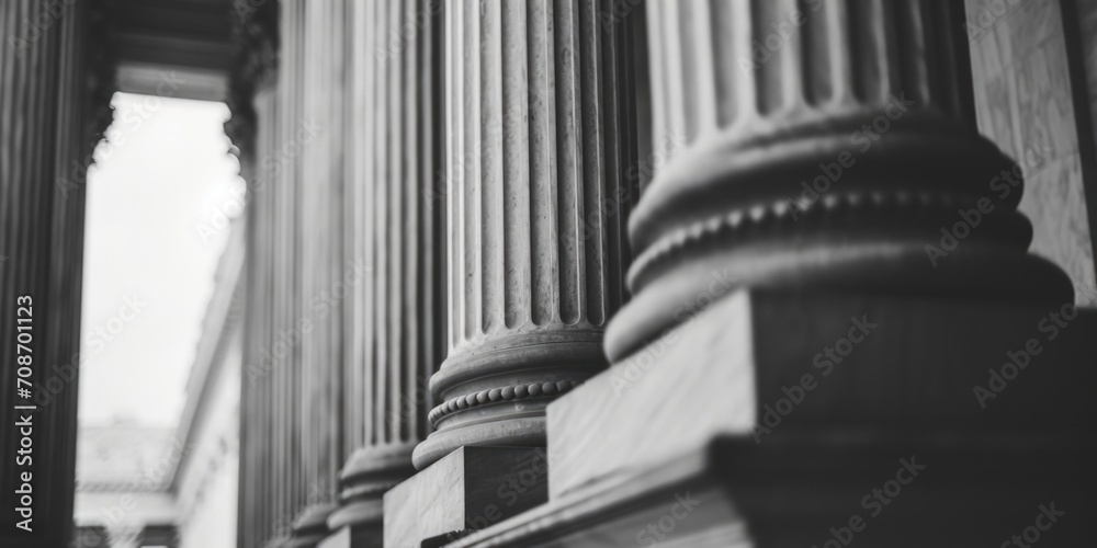 Poster A black and white photo showcasing a building with columns. Suitable for architectural and historical themes