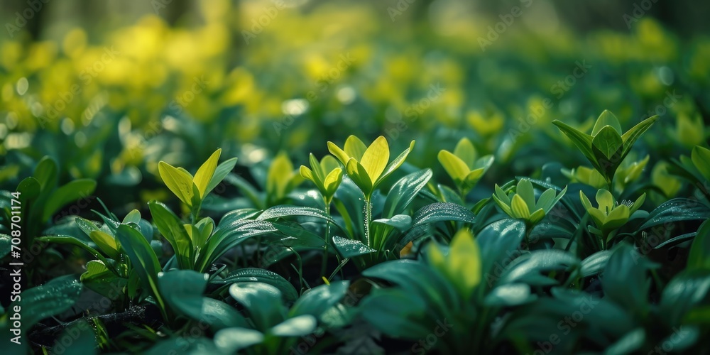 Poster a close up view of a field filled with vibrant green plants. this image can be used to depict nature