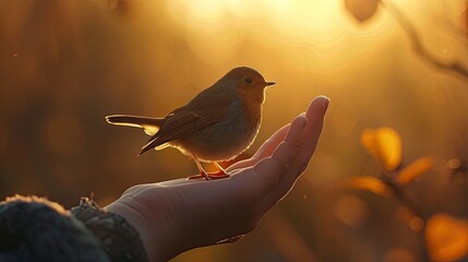 Tiny bird rests on a persons hand in the sunset - Powered by Adobe
