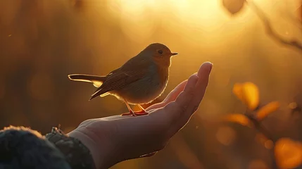 Zelfklevend Fotobehang Tiny bird rests on a persons hand in the sunset © BrandwayArt