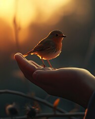 Tiny bird rests on a persons hand in the sunset