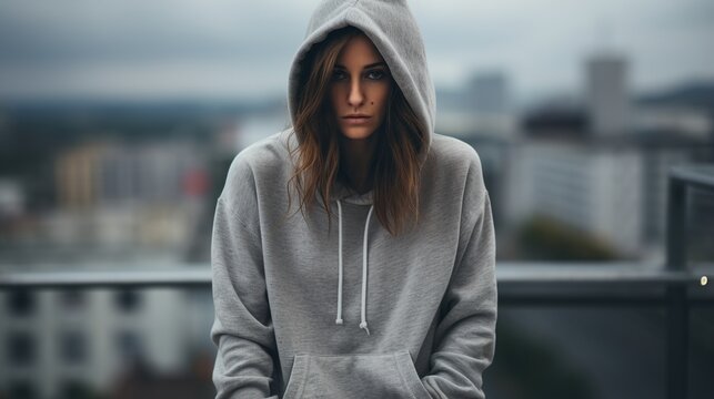 Portrait Of A Serious Young Woman In A Gray Hoodie Looking At The Camera With The City In The Background