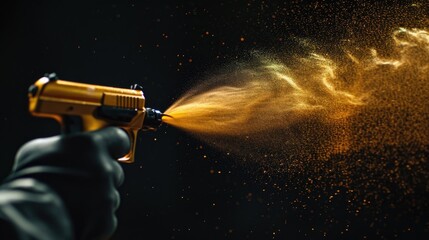 A person spraying water with a yellow spray gun. This image can be used to depict activities such as gardening, cleaning, or water play