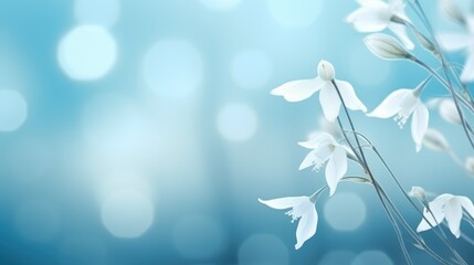 Spring snowdrops on blue background. First spring blooming Delicate Snowdrop flowers. Illustration for postcard, template, card. Copy Space. International happy womens day, 8 March, Mothers  concept..