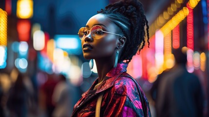 African American woman female with afro hair on city street background. Outdoor urban portrait of beautiful African woman.. - obrazy, fototapety, plakaty