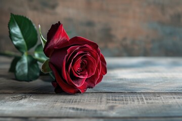 A beautiful single red rose placed delicately on top of a wooden table. Perfect for romantic occasions or as a symbol of love.