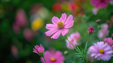 Obraz premium Flower garden of a pink flower with a green background