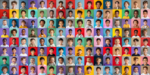 Portraits of many happy boys, children, babiies and and teenagers as a panorama - obrazy, fototapety, plakaty