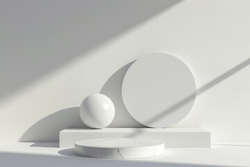 Scene with podium for product presentation, figures of different geometric shapes on light grey background