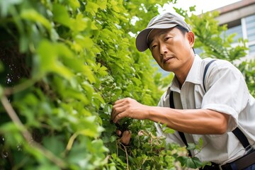 Asian gardener brings order to garden by pulling weeds spoiling picture of flowerbeds