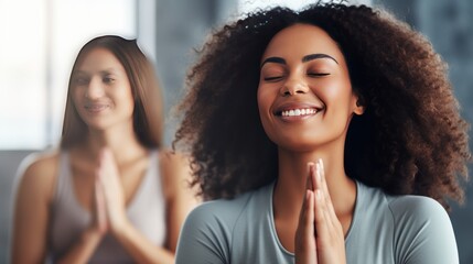 Tranquil woman meditates with group during yoga session recreation with mindfulness