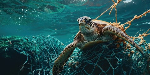 Green sea turtle tangled in fishing net. Concept of environmental pollution.  - obrazy, fototapety, plakaty