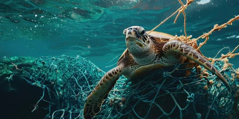 Gordijnen Green sea turtle tangled in fishing net. Concept of environmental pollution.  © Petrova-Apostolova