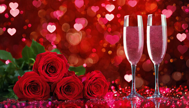 Love and celebrating. Valentine's Day concept of roses and champagne. Generative AI