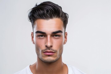 Close-up studio portrait of a man with a sleek, modern hairstyle, isolated on a white background - Powered by Adobe