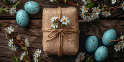 Fototapeta premium Easter table setting, overhead aerial shot, rustic background, AI generated