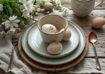 Easter table setting, overhead aerial shot, rustic background, AI generated