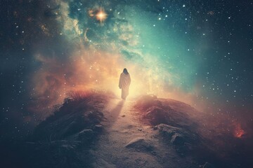 Dreamlike depiction of jesus walking on a path of stars Symbolizing guidance and divine journey