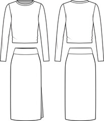 Women's Knit Jumper and Skirt Set. Set technical fashion illustration. Flat apparel set template front and back, white colour. Women's CAD mock-up. - obrazy, fototapety, plakaty