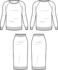 Women's Knit Set. Set technical fashion illustration. Flat apparel set template front and back, white colour. Women's CAD mock-up. - obrazy, fototapety, plakaty