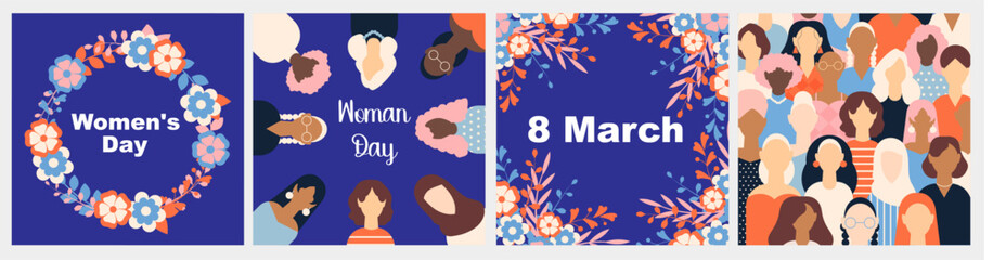 Happy Womens Day March 8 Cute cards and posters for the spring holiday. Vector illustration of a date, a women and a bouquet of flowers.